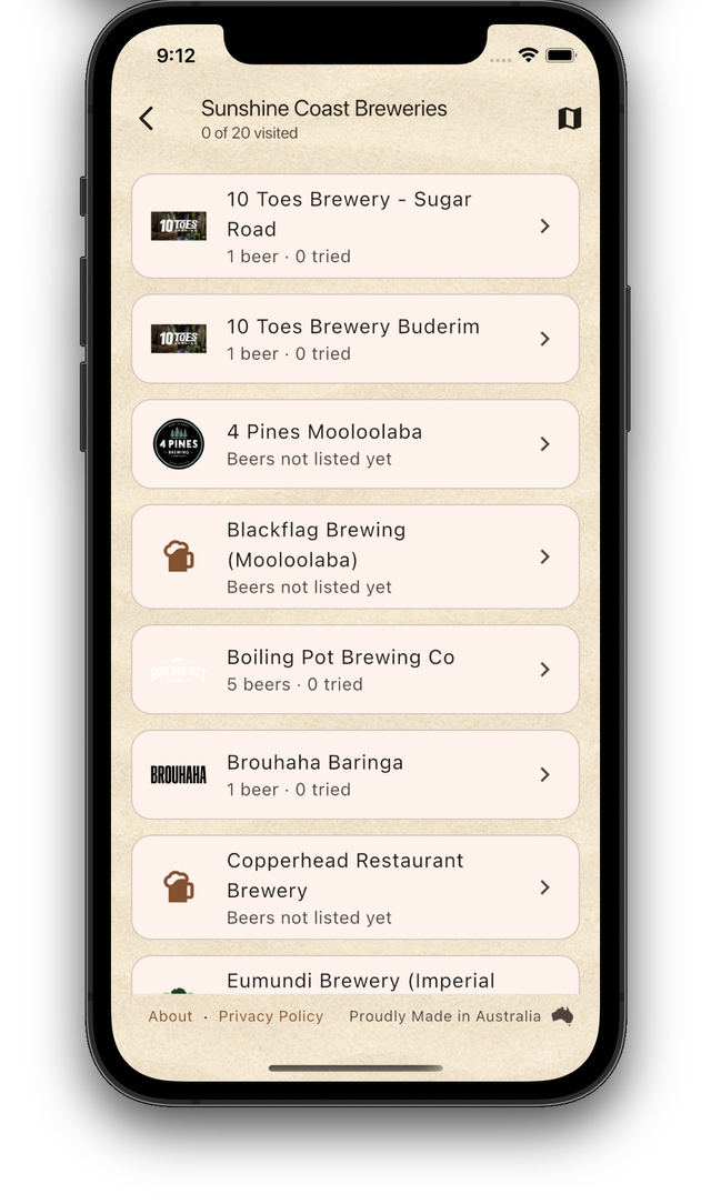 Map view showing brewery pins across the Sunshine Coast