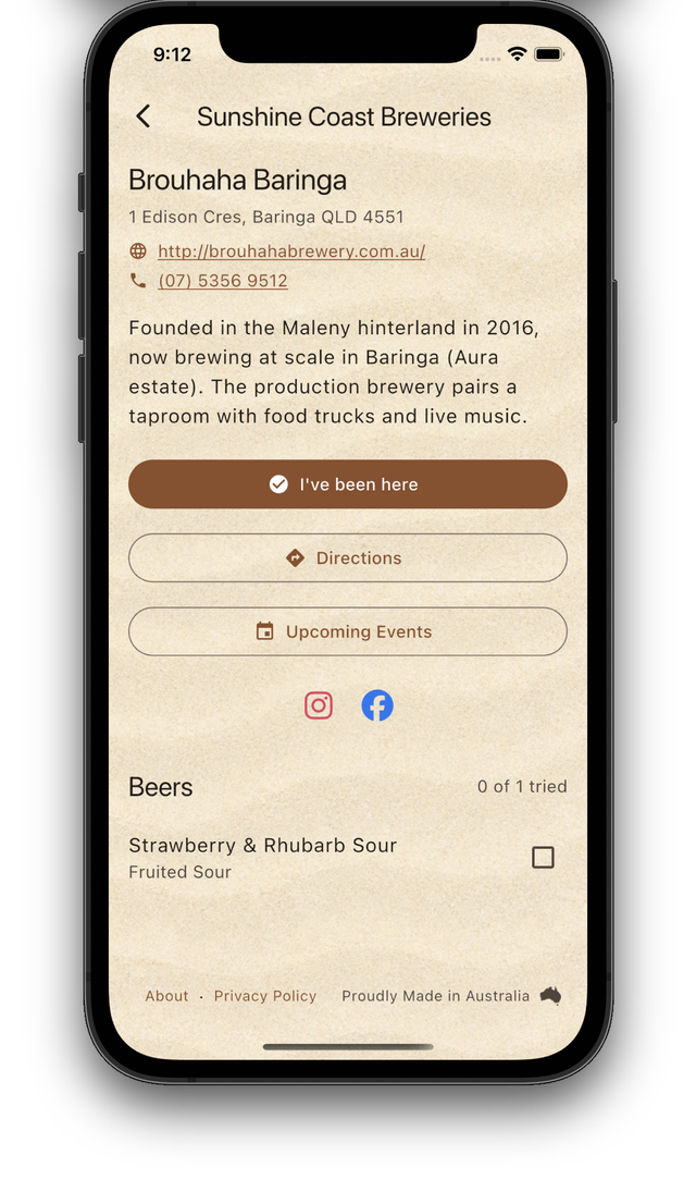 Brewery detail screen for Brouhaha Baringa with directions, events and a beer tick list