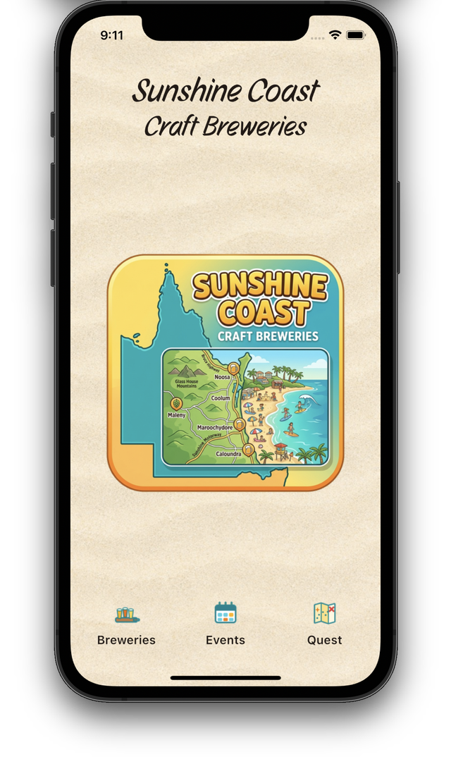 Home screen with the Sunshine Coast Craft Breweries title and Breweries, Events and Quest destinations